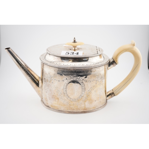 Georgian Silver oval teapot with chased decoration 488g total weight London 1780