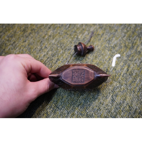 102 - Chinese carved scent bottle, Brass Level, White metal paper knife and a model of an Anchor