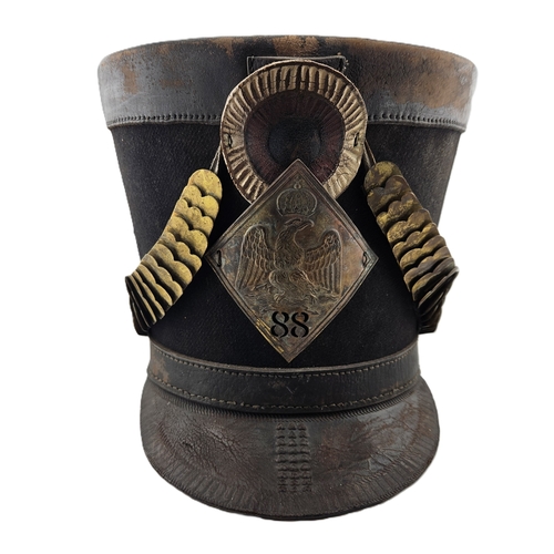 Fine French Napoleonic 1806 Infantry 88 Infantry Shako Eagle motif, applied with Brass brocade with fitted interior. 23cm in Height