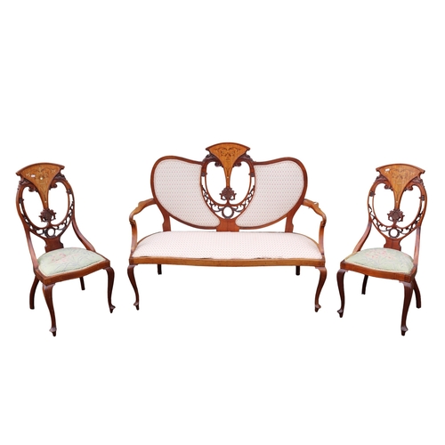 553 - Edwardian Art Nouveau Mahogany Saloon Suite comprising of 2 seater Sofa and 2 matching Elbow chairs ... 