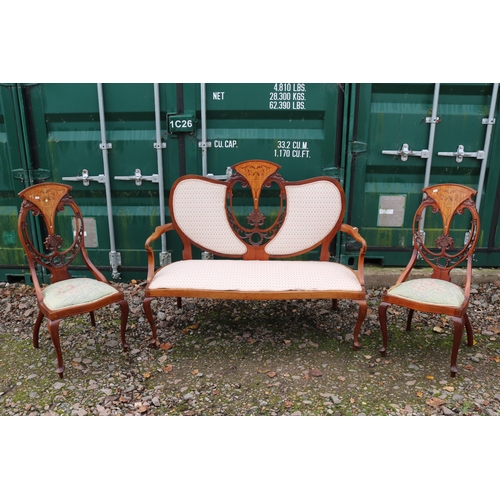 553 - Edwardian Art Nouveau Mahogany Saloon Suite comprising of 2 seater Sofa and 2 matching Elbow chairs ... 