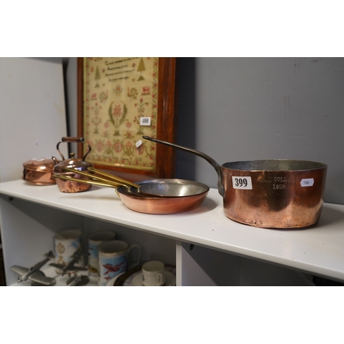399 - Collection of Copper Pans and kettle, one marked Trinity College ...