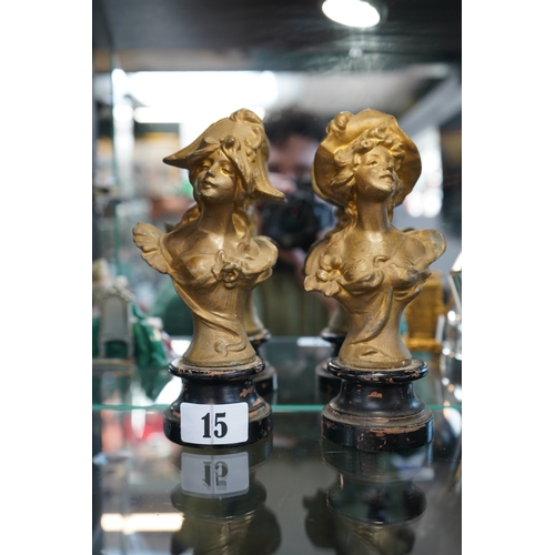 15 - Pair of French Gilded Spelter busts mounted on wooden spherical base. 18cm in Height