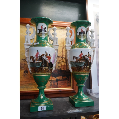 61 - Pair of Sevres Style Horse Hunting design Urn vases with Greek Style Sphinx figural handles. 48cm in... 
