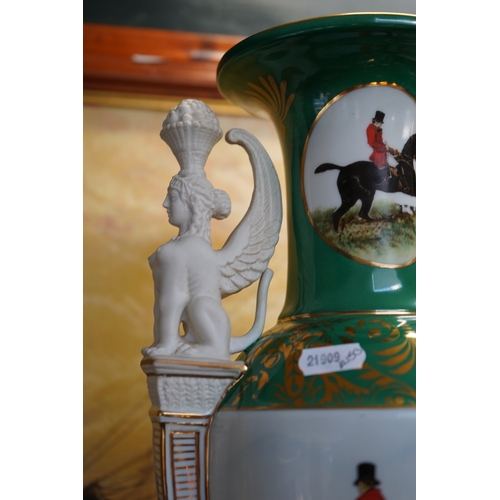 61 - Pair of Sevres Style Horse Hunting design Urn vases with Greek Style Sphinx figural handles. 48cm in... 