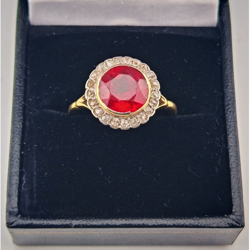 Fine Quality Ladies Round Facetted Ruby 3.7ct in Diamond rub-over Halo mounted on 18ct Gold Band. Size U. 5g total weight