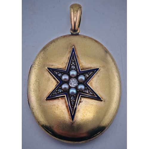 Victorian Oval Diamond & Seed pearl Locket with Enameled applied cross. 0.30ct Central Diamond surrounded by Rose Cut Diamonds and Half cut Seed pearls. Tests at 14ct. 21g total weight. 43mm in Length