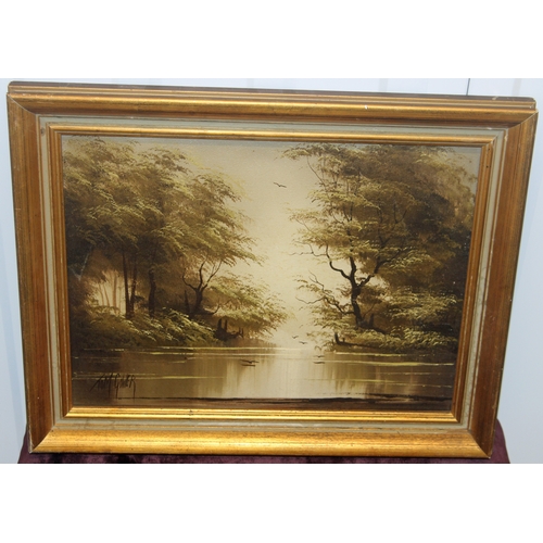 124 - Tom Gower Original Oil Painting Woodland & River. Signed lower ...
