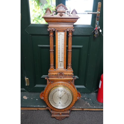 63 - Fine Heavily Carved Oak Cased Aneroid Barometer with Silvered dial ...
