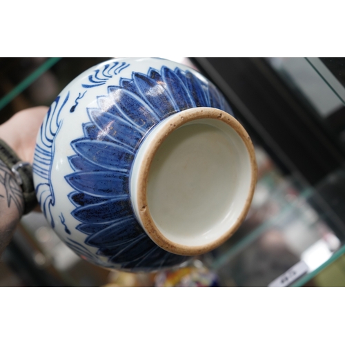 16 - Chinese Blue & White Baluster vase decorated with Koi and Flora.