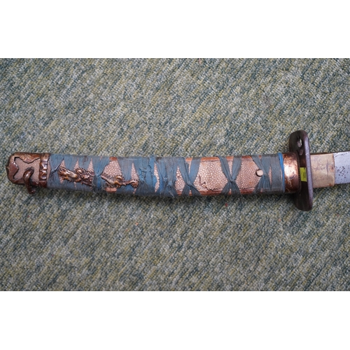 38 - Japanese Officers Short Samurai Sword with gilded and engraved Tsuba, character marks to handle unde... 