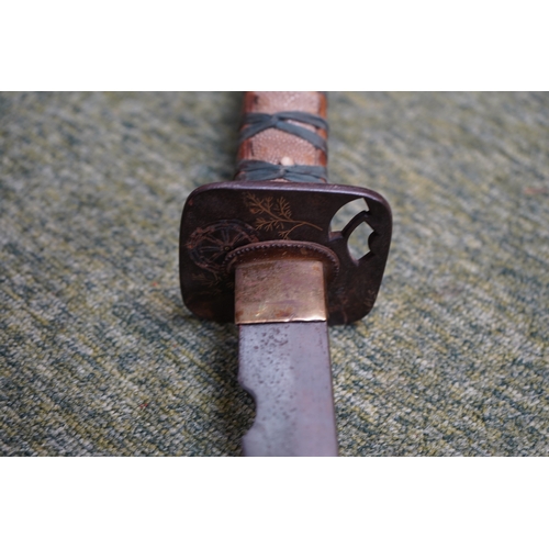 38 - Japanese Officers Short Samurai Sword with gilded and engraved Tsuba, character marks to handle unde... 