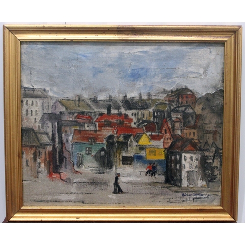 Arthur Delaney, English (1927–1987) Oil. Signed lower right. Measures 50cm by 42cm. Scene of Manchester life influenced by those of L. S. Lowry.