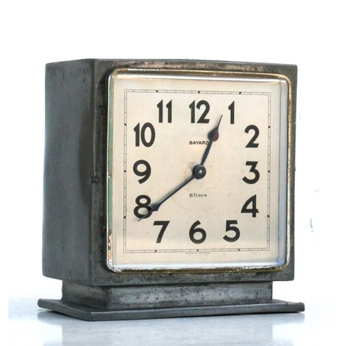 73 - A Liberty & Co Tudric hammered pewter eight day mantle clock. 11.5cm 94.5 ins) wide