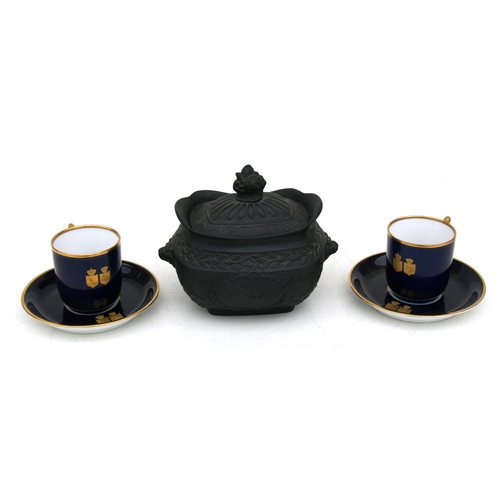 32 - A Victorian black basalt sugar bowl and cover 'India, Portugal & Spain Vittoria, 21st June 1813' tog... 