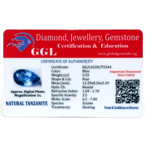 107 - A natural tanzanite loose gemstone with GGL certificate report stating the tanzanite to be 5.55cts, ... 