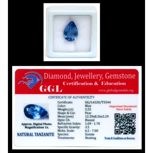 107 - A natural tanzanite loose gemstone with GGL certificate report stating the tanzanite to be 5.55cts, ... 