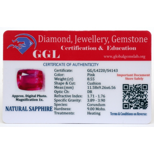 108 - A natural sapphire loose gemstone with GGL certificate report stating the sapphire to be 8.55cts, cu... 