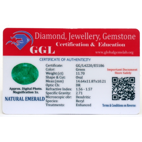 109 - A natural emerald loose gemstone with GGL certificate report stating the emerald to be 11.70cts, ova... 