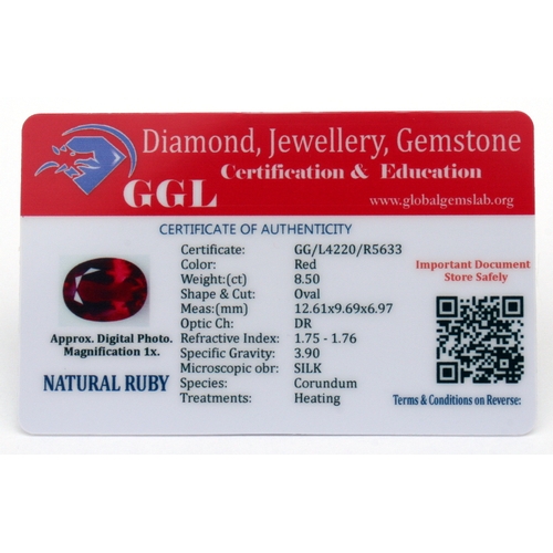 110 - A natural ruby loose gemstone with GGL certificate report stating the ruby to be 8.50cts, oval cut a... 