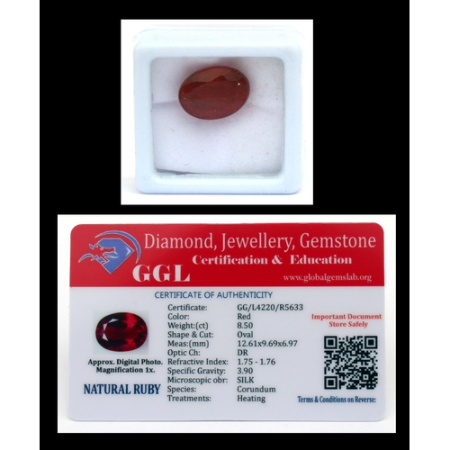 110 - A natural ruby loose gemstone with GGL certificate report stating the ruby to be 8.50cts, oval cut a... 