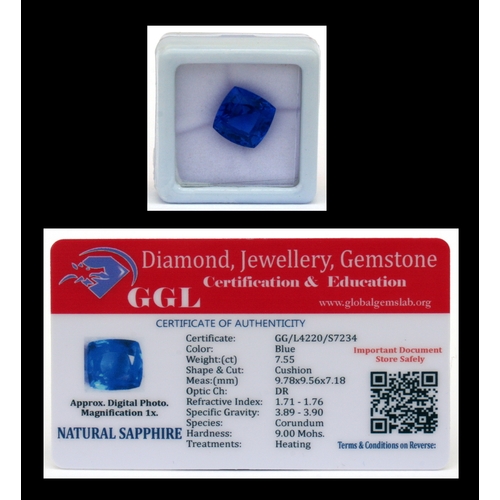 111 - A natural sapphire loose gemstone with GGL certificate report stating the sapphire to be 7.55cts, cu... 