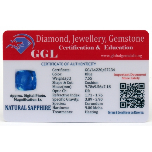 111 - A natural sapphire loose gemstone with GGL certificate report stating the sapphire to be 7.55cts, cu... 