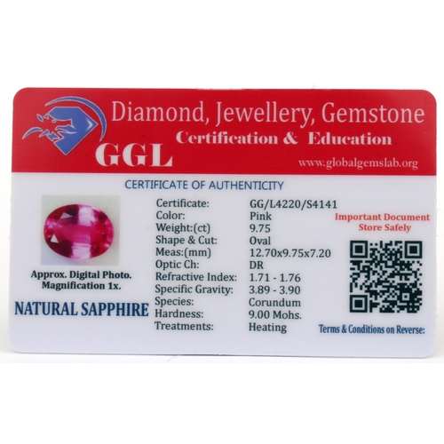 113 - A natural sapphire loose gemstone with GGL certificate report stating the sapphire to be 9.75cts, ov... 