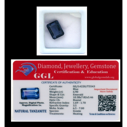 114 - A natural tanzanite loose gemstone with GGL certificate report stating the tanzanite to be 6.9cts, e... 