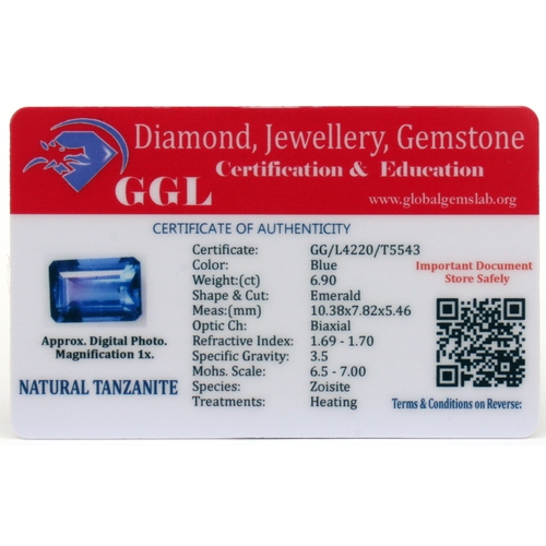 114 - A natural tanzanite loose gemstone with GGL certificate report stating the tanzanite to be 6.9cts, e... 