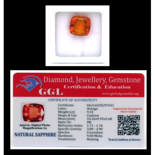 115 - A natural sapphire loose gemstone with GGL certificate report stating the sapphire to be 9.35cts, cu... 