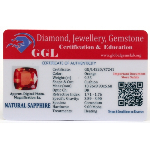 115 - A natural sapphire loose gemstone with GGL certificate report stating the sapphire to be 9.35cts, cu... 