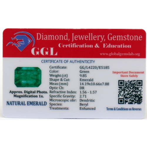 116 - A natural emerald loose gemstone with GGL certificate report stating the emerald to be 9.85cts, emer... 