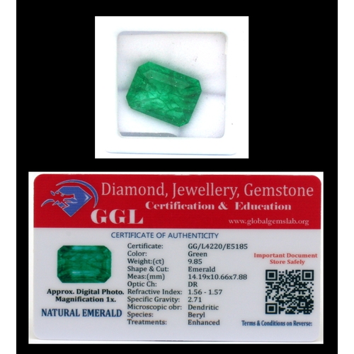 116 - A natural emerald loose gemstone with GGL certificate report stating the emerald to be 9.85cts, emer... 