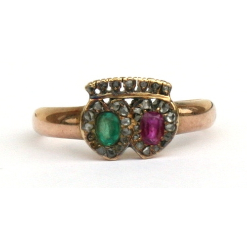 117 - A Victorian rose gold (tested) Luckenbooth ring, two hearts under a crown, emerald and ruby surround... 