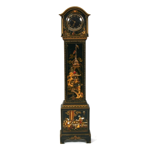 72 - A 20th century chinoiserie lacquer decorated Grandmother clock decorated with figures and buildings ... 