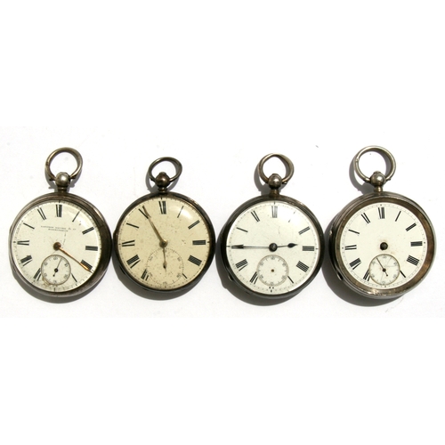 67 - Four Victorian silver cased open faced pocket watches with white enamel dials, having Roman numerals... 