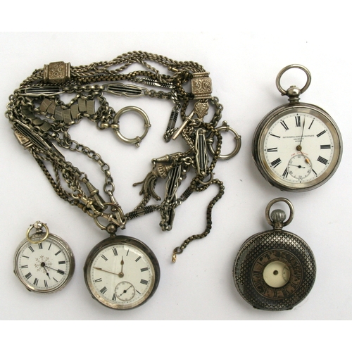 68 - Three silver cased pocket watches; together with a silver cased fob watch; and five silver plated po... 