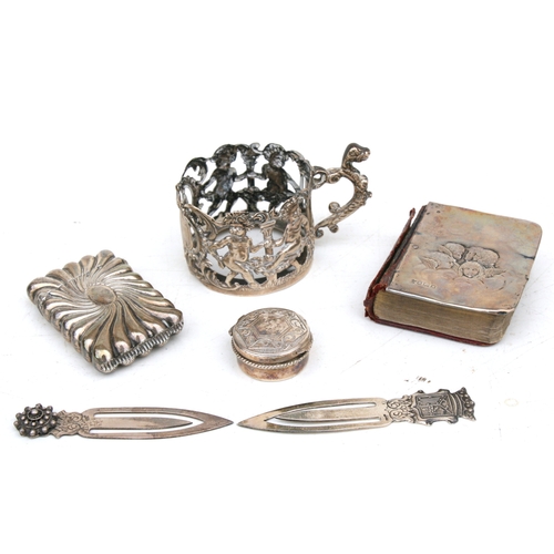 82 - A silver vesta case, two silver bookmarks and other silver items