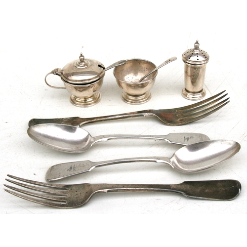 83 - A silver cruet set together with a quantity of silver and plated cutlery