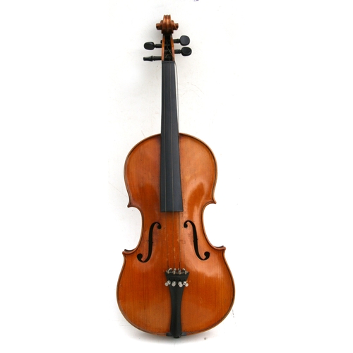 57 - A one-piece backed violin and bow, the back 35.5cms (14ins) long, in a pine carry case.