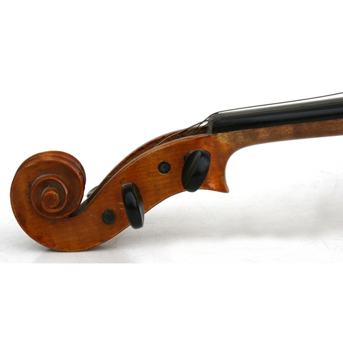 57 - A one-piece backed violin and bow, the back 35.5cms (14ins) long, in a pine carry case.