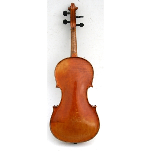 57 - A one-piece backed violin and bow, the back 35.5cms (14ins) long, in a pine carry case.