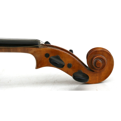 57 - A one-piece backed violin and bow, the back 35.5cms (14ins) long, in a pine carry case.