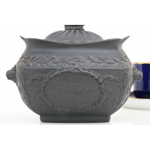 32 - A Victorian black basalt sugar bowl and cover 'India, Portugal & Spain Vittoria, 21st June 1813' tog... 