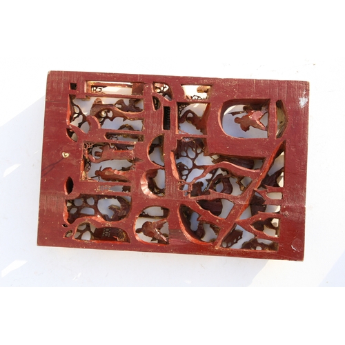 442 - A large Chinese pierced giltwood temple panel decorated with warriors in a landscape, 30 by 46cms (1... 