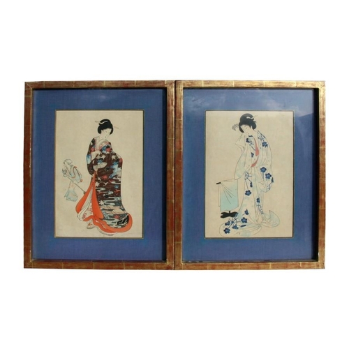 310 - A pair of Japanese woodblock prints depicting Geisha girls, framed & glazed, 23 by 33cms (9 by 1... 