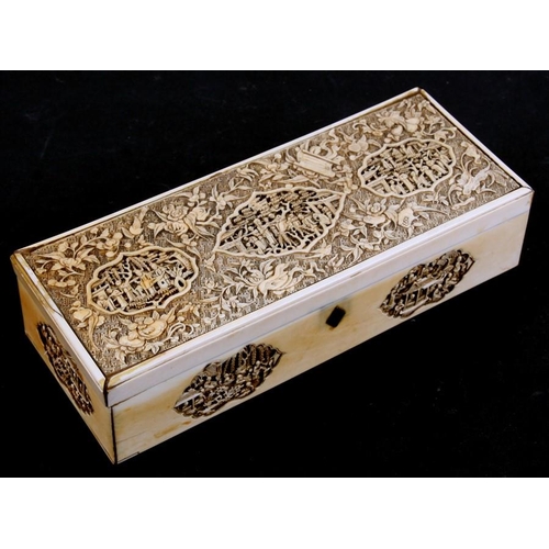 312 - A 19th century Cantonese Export carved ivory glove box highly carved with figural panels and foliate... 