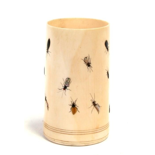 316 - An ivory brush pot bitong with shibayama insect decoration. 14cm (5.5 ins) high