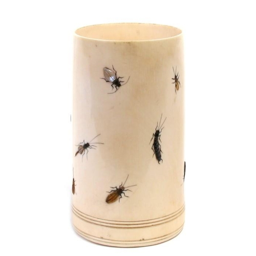 316 - An ivory brush pot bitong with shibayama insect decoration. 14cm (5.5 ins) high